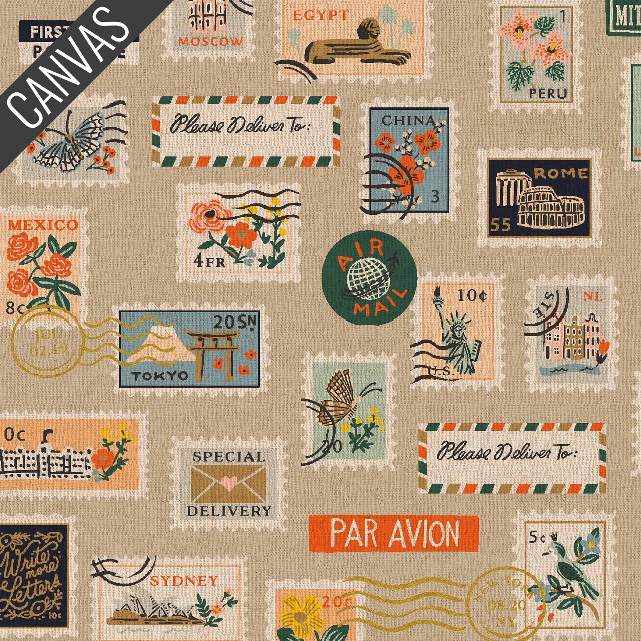 Postage Stamps Canvas in Natural Unbleached (rp802-na5ucm) | Bon Voyage | Rifle Paper Co | Cotton+Steel